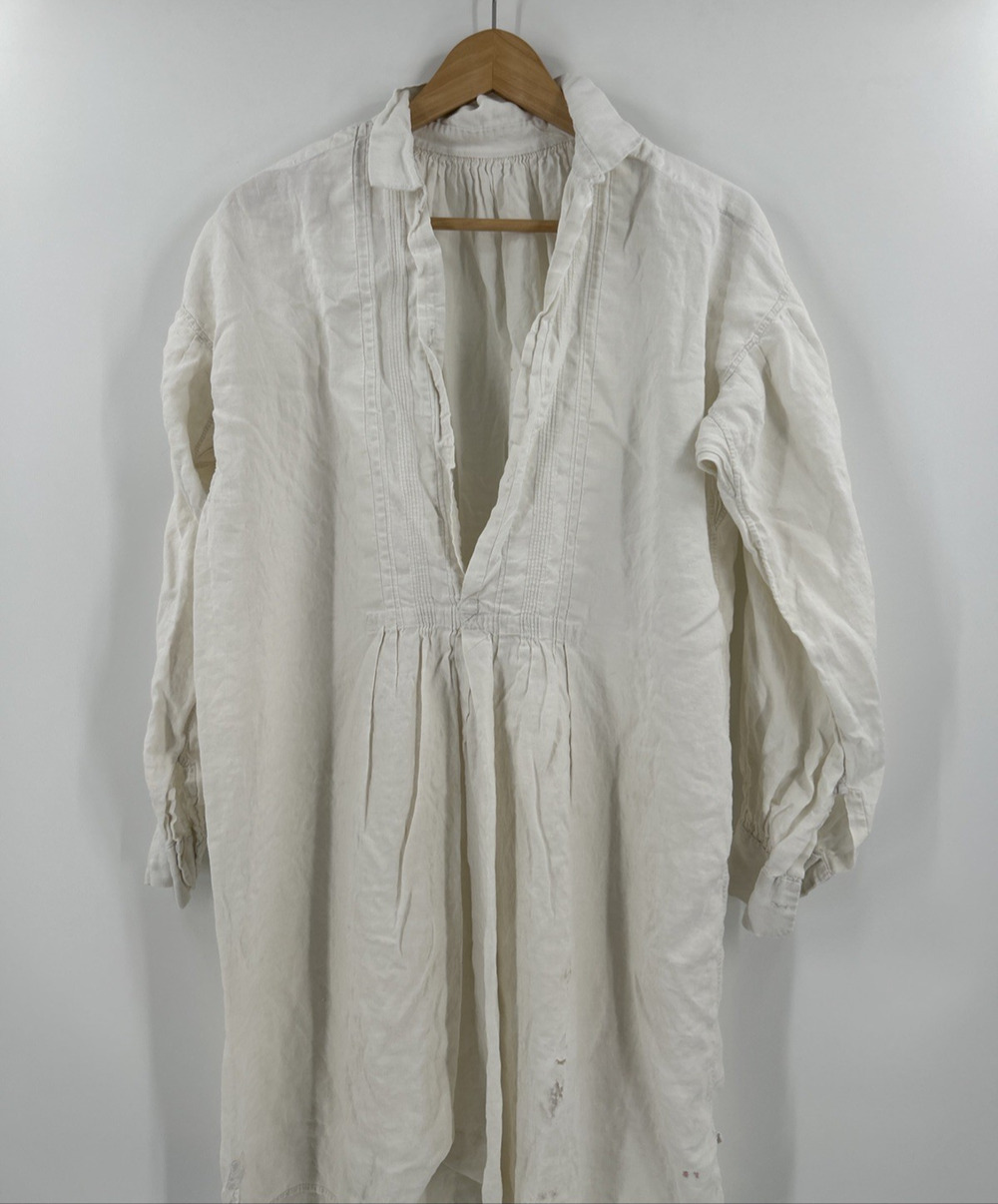 Antique French Nightshirt Mens Size M / L Damaged Alsace Region Hand Sewn